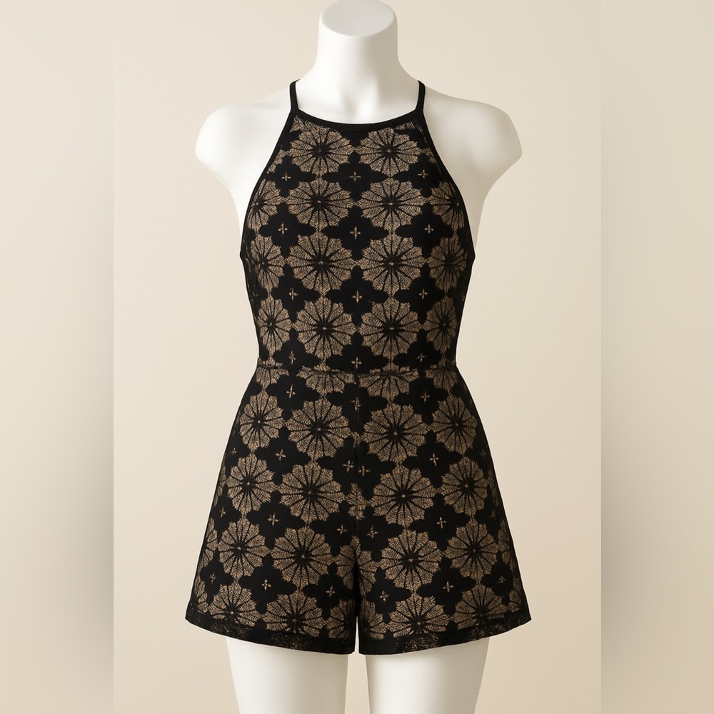 Bleuh Ciel Moody Floral Whimsy Goth Black Lace Nude Lined Halter Romper Size L